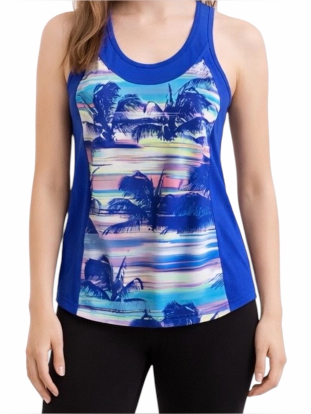 FILA womens XS racerback running tank top Dazzling Blue palm trees —#058